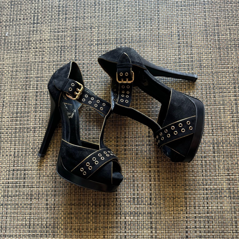 Vintage FENDI Black Suede Gold Trim Grommet Peep Toe Platform Heeled Sandals